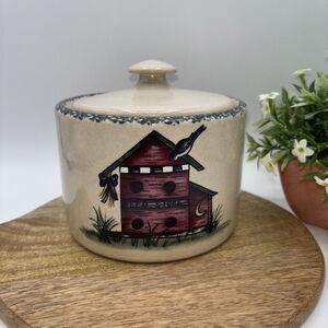1999 Home & Garden Party Birdhouse 3.5" Tall Butter Crock w/ Lid Made In USA -